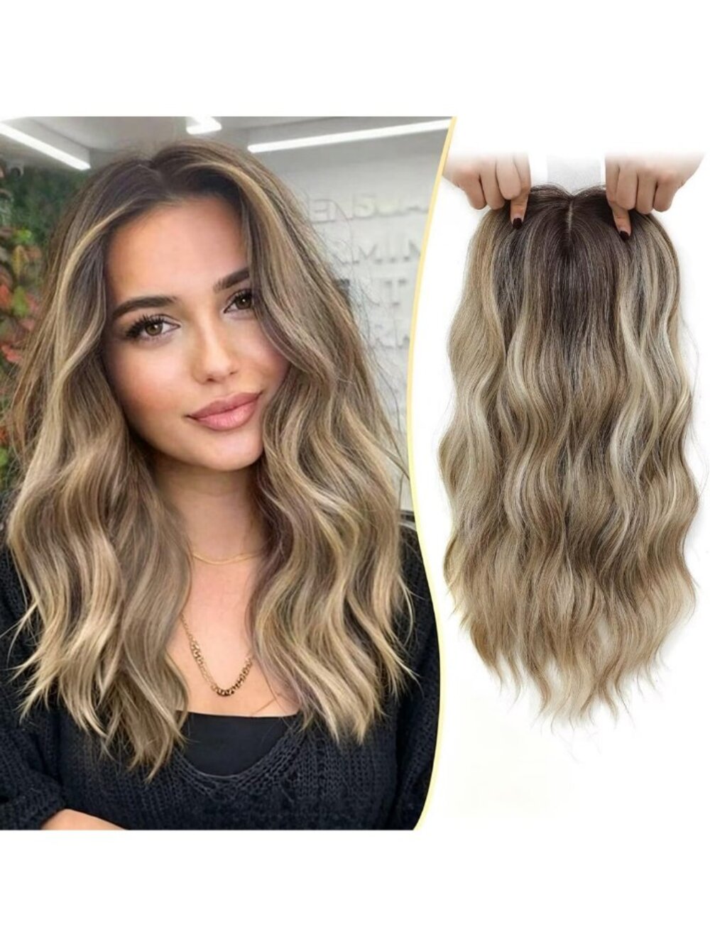 Lightweight 16" Wavy Hair Topper for Thinning Hair, Ash Blonde Balayage Wiglet
